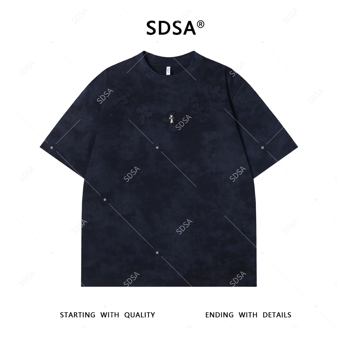 夏季高级感新款男士潮牌扎染十字贴布短袖T恤潮流圆领宽松上衣