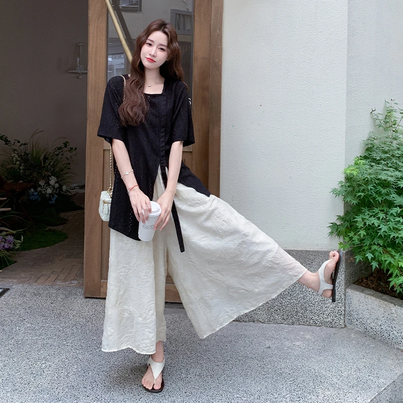 法式复古设计感套装裤女2025夏装不规律开叉短袖阔腿裤两件套夏季