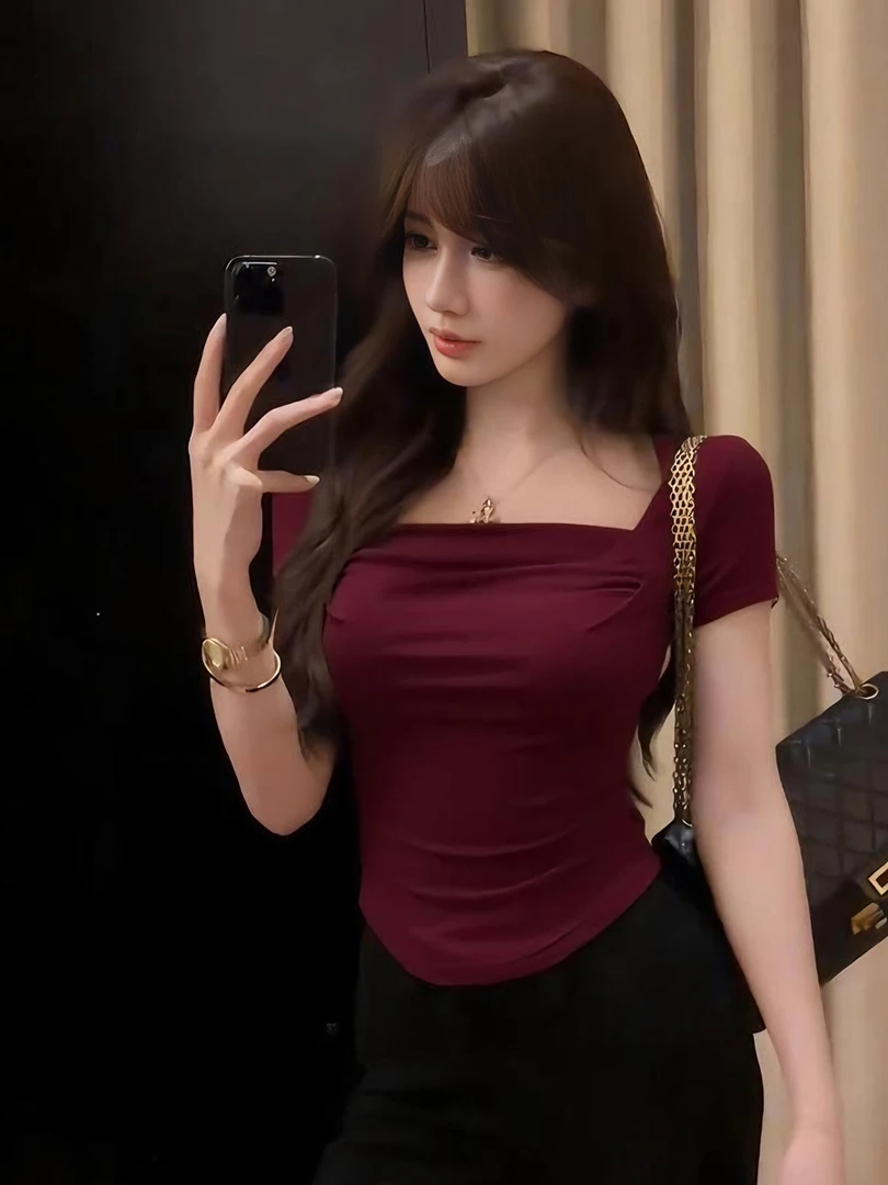 气质方领短袖正肩短袖T恤女夏修身显瘦别致小众皱褶设计绝美上衣