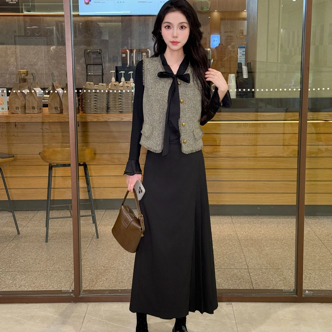 【三件套】新款2025休闲时尚洋气百搭显瘦高腰马甲裙裤套装