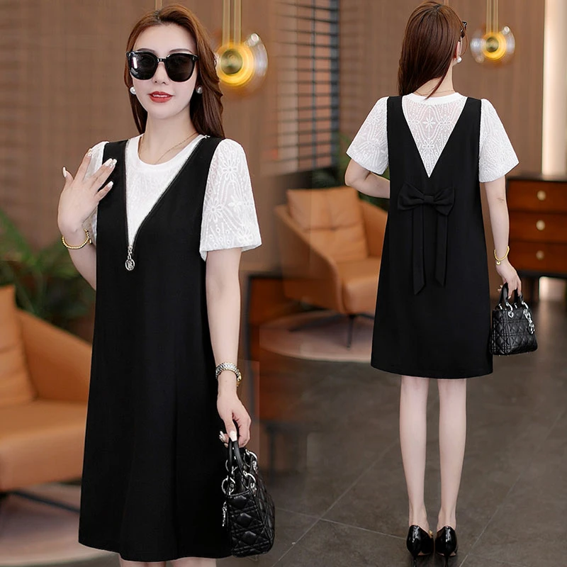 大码休闲时尚连衣裙2025新款拼接泡泡袖中长裙洋气微胖假两件裙子