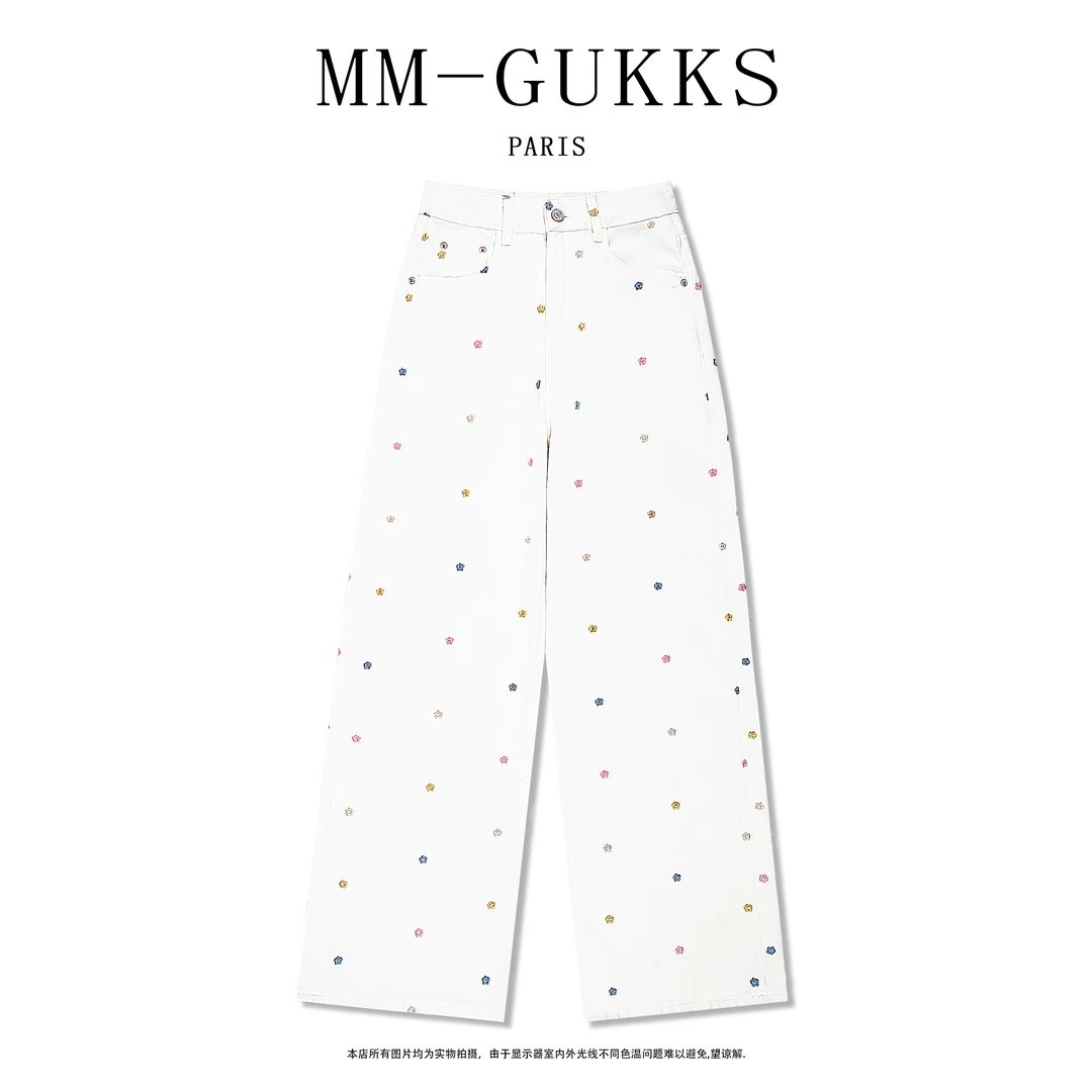 明明GUKKS『夏林花影』2025夏季重工刺绣花朵直筒中高腰阔腿牛仔裤
