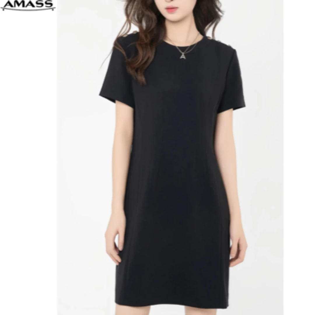 【AMASS/阿玛施】5500457质感通勤肩章圆领纯色收腰短袖连衣裙女