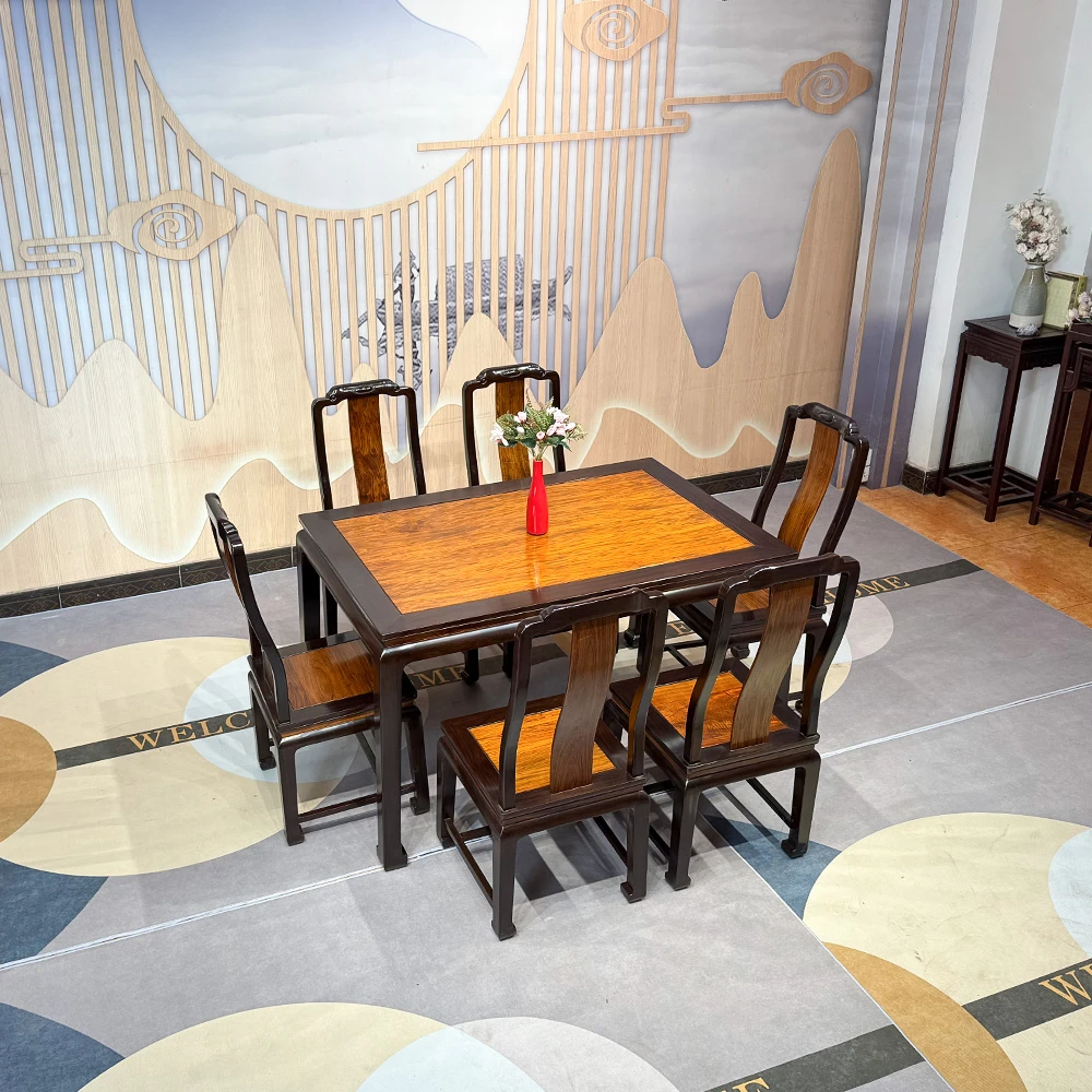 古典韵雅方台饭桌餐桌一桌六椅凳子椅子全榫卯结构进口木