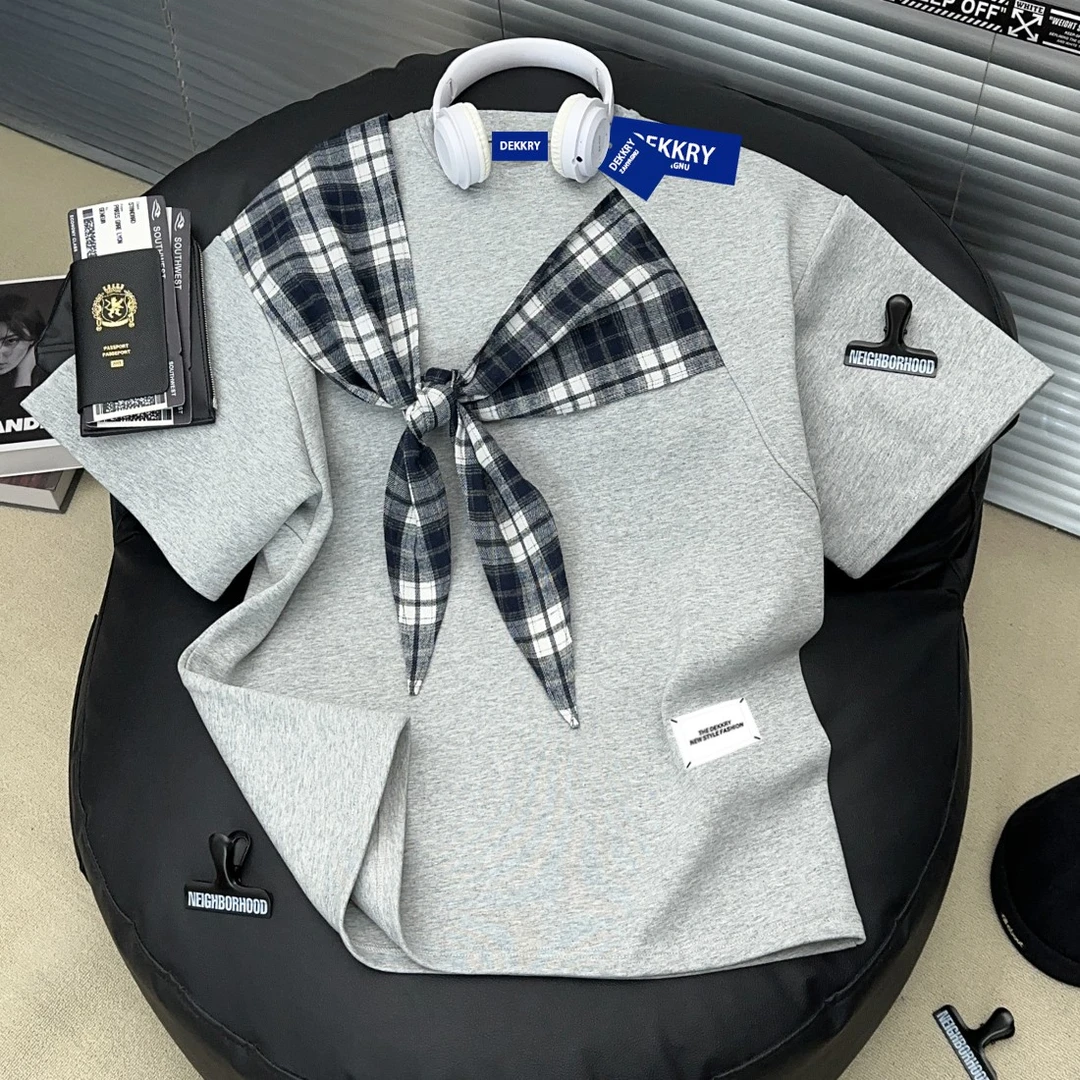 Dekkry圆领拼接半袖夏季格子短袖T恤日系衬衫假两件韩版时尚格纹