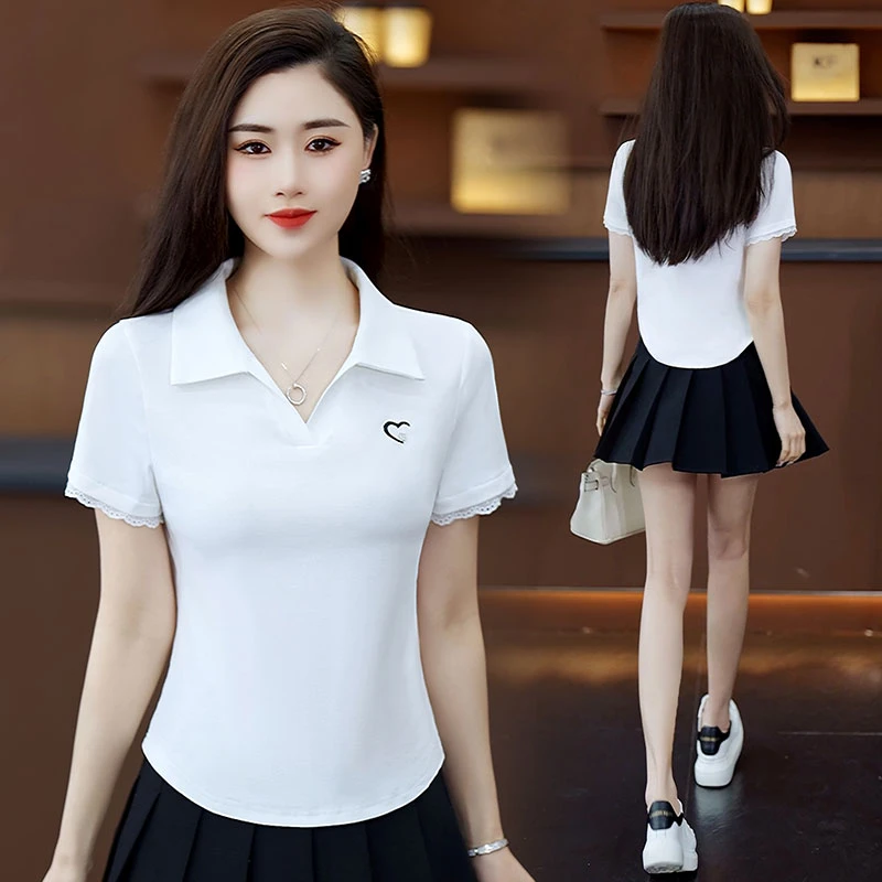 夏季翻领短袖修身T恤2025新款时尚洋气减龄女士刺绣爱心短款上衣