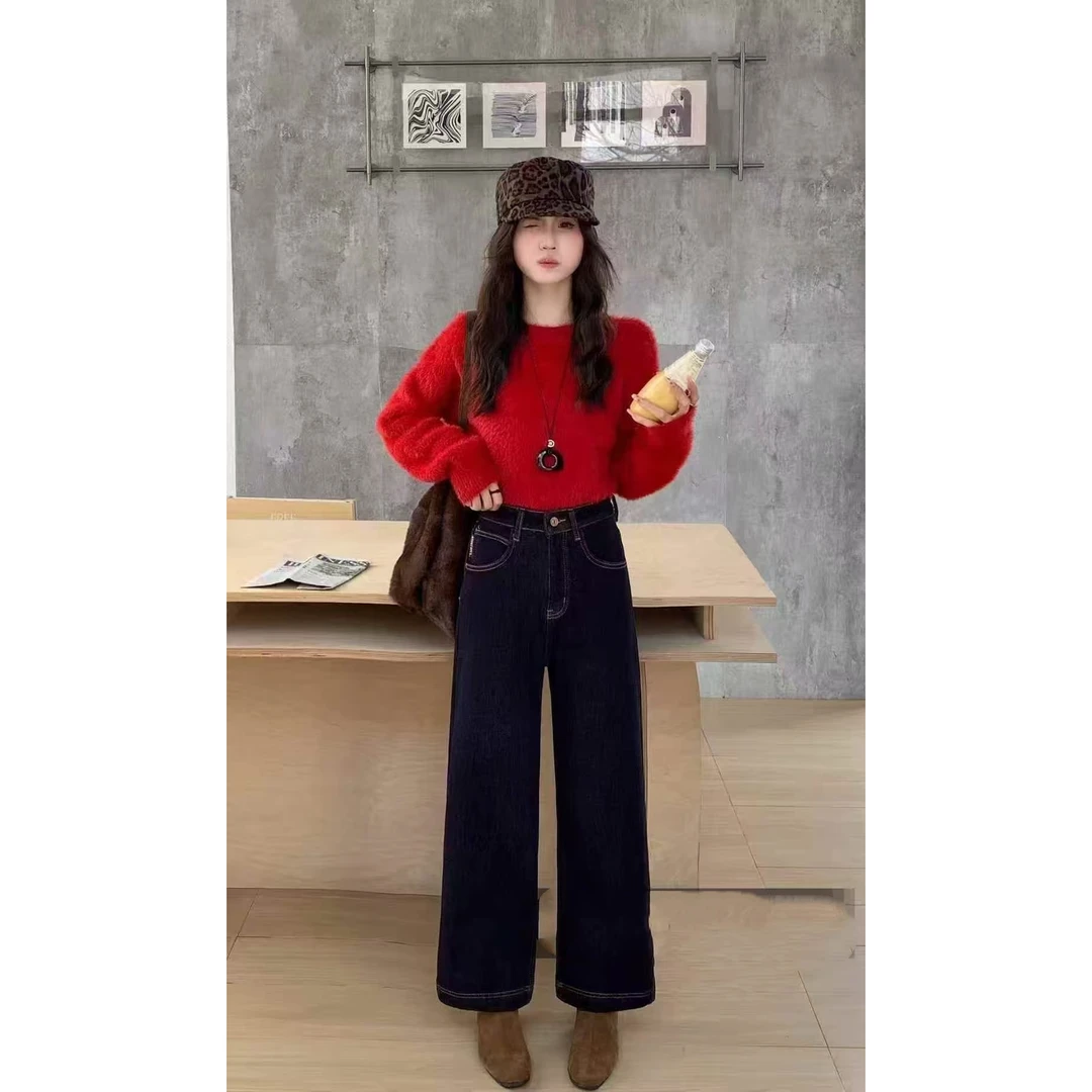 （柚子同款）M冬季后樱桃时尚弹力加绒九分牛仔奶奶阔腿裤7539