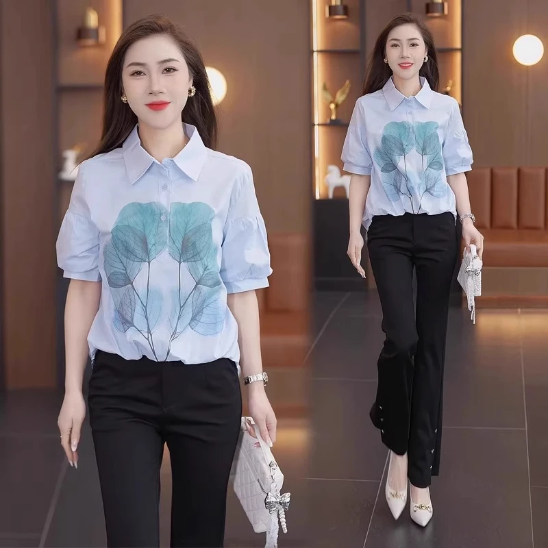 2025年夏季新款时尚休闲翻领树叶印花泡泡袖衬衣小清新衬衫女短袖