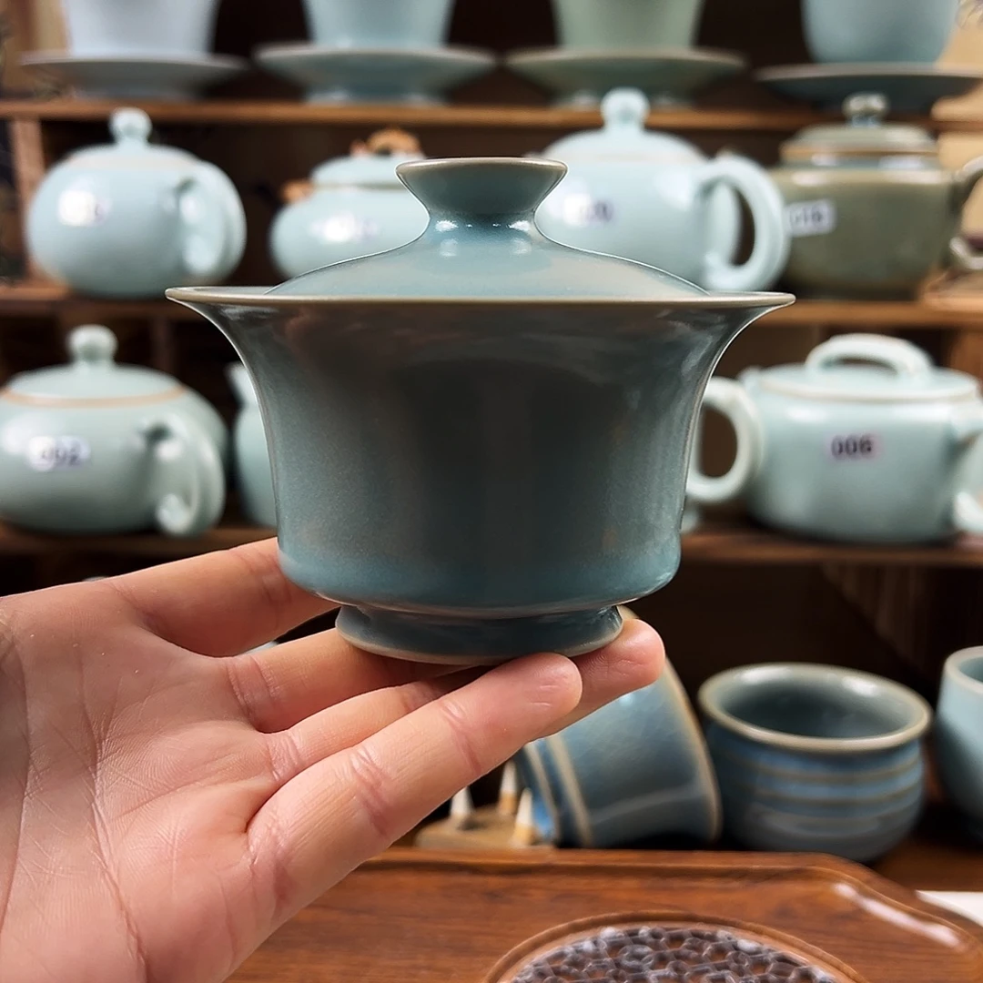 仿古青绿釉水两才盖碗手工孤品