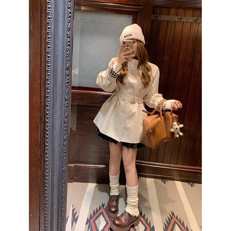 白色撞色风衣女2025春秋季新款高级感小个子休闲韩系系带收腰上衣