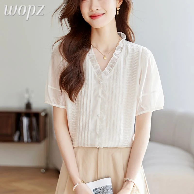 夏季新款法式气质甜美V领短袖雪纺衫女宽松温柔显瘦通勤别致上衣