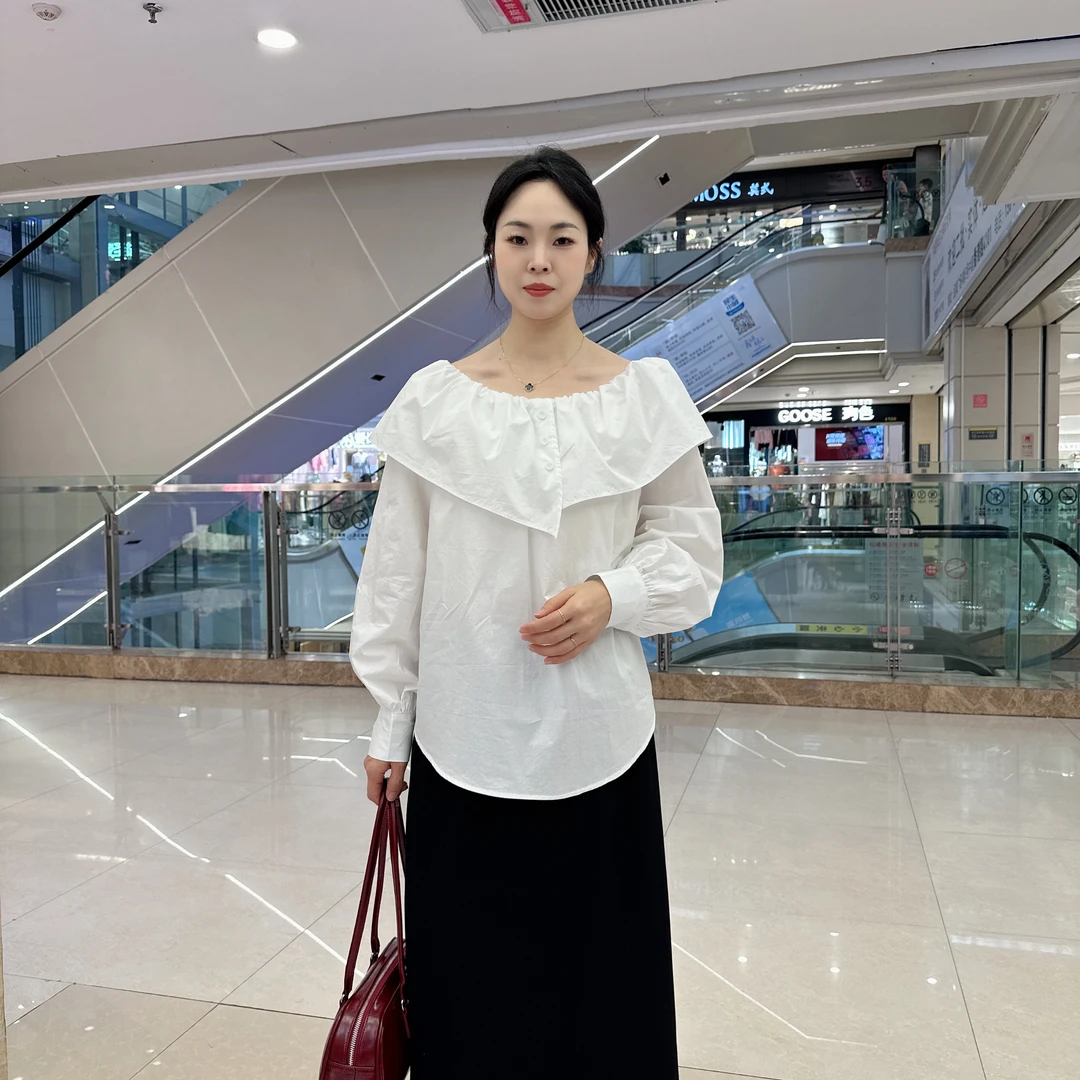 秋季新款荷叶边漏肩可一字肩显瘦长袖衬衫