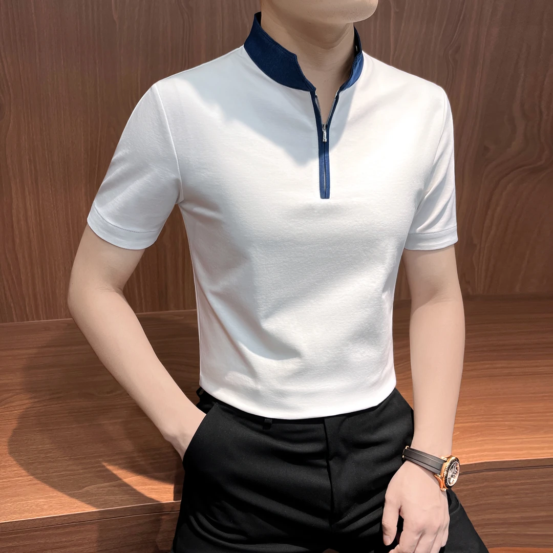 半拉链立领polo衫男款爆款2025新款高级感男装拼色修身短袖男t恤