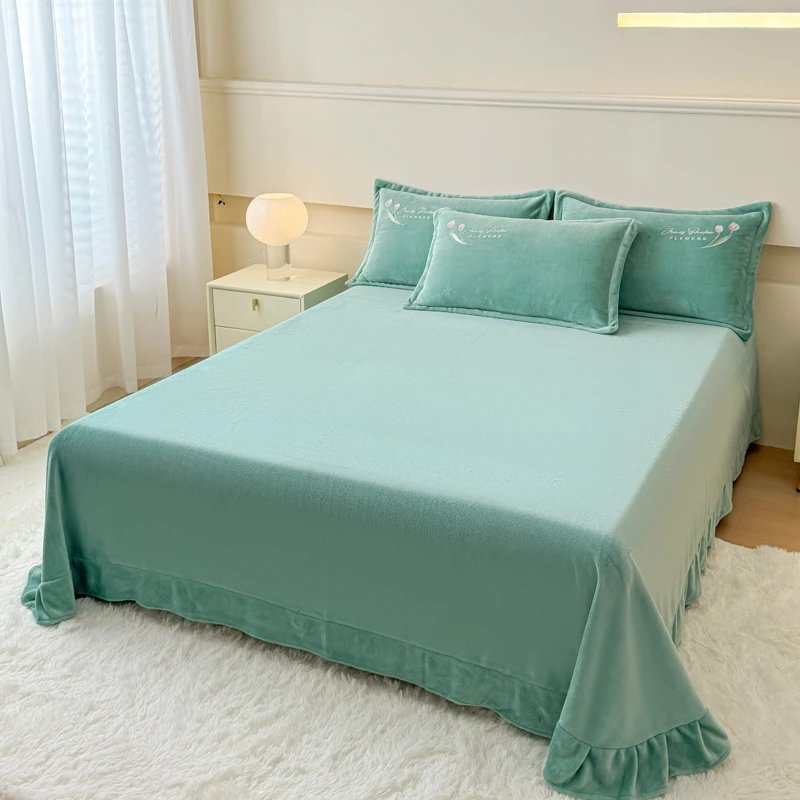 加厚加绒牛奶绒纯色印花床单学生宿舍防静电