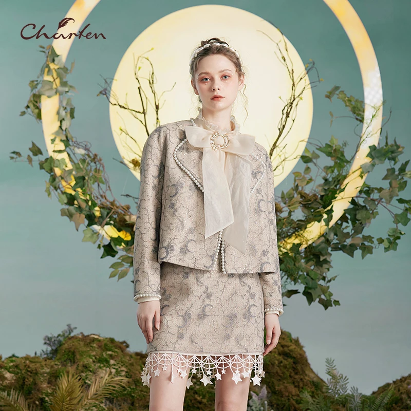 【达人专属】朝峰秋珍珠花边小香风短款外套CFD3B106-1013A