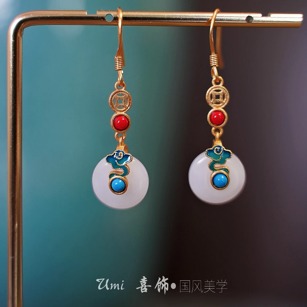 铜合金珐琅耳饰 新古风祥云平安扣百搭耳饰高级感复古民族风耳环