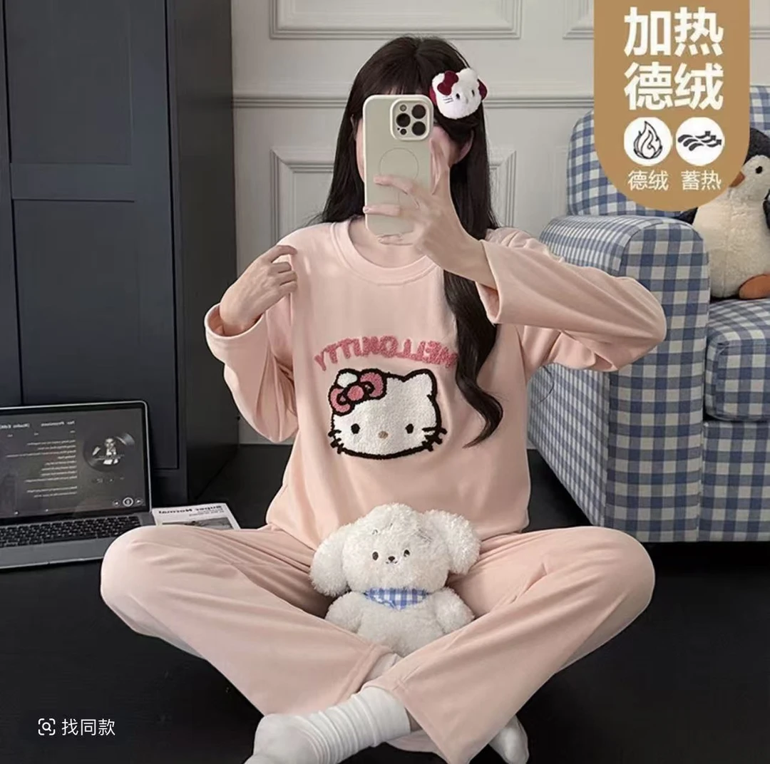 【婷婷家】小个子秋冬德绒猫咪刺绣家居服睡衣套装