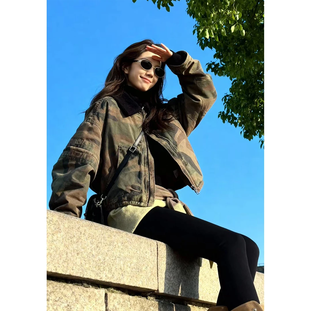 2026冬季小个子百搭撞色翻领短款棉服迷彩派克服流行复古夹克外套