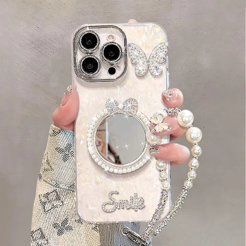 珍珠镜子适用苹果16promax手机壳iphone15pro手链14p简约奢华全包