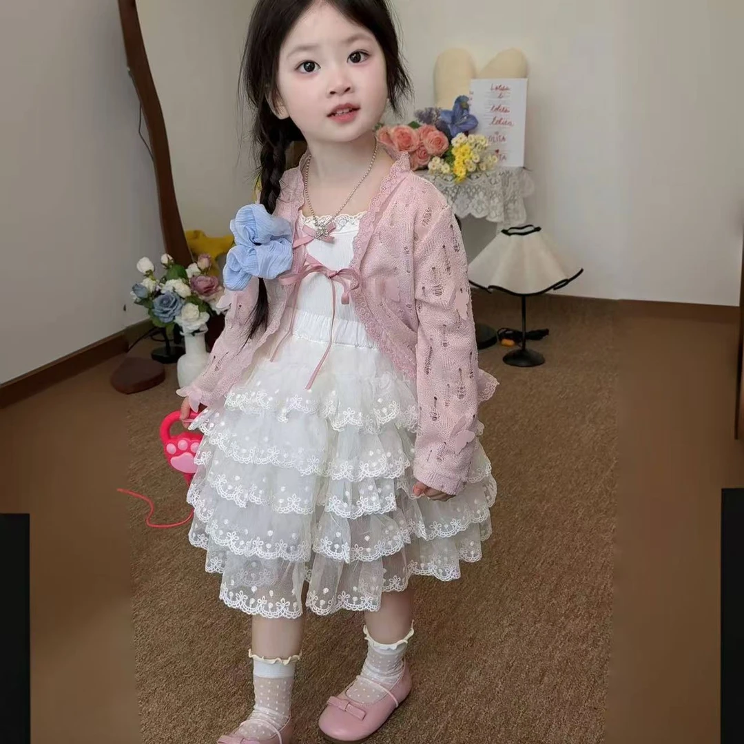 韩国女童春夏装小香风三件套25新款甜美蕾丝边针织开衫吊带半身裙