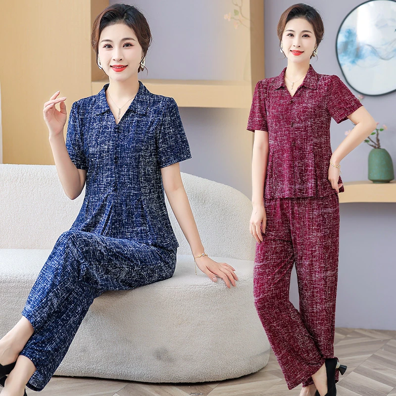 妈妈网红爆款夏季新款短袖套装中老年人女洋气减龄上衣裤子两件套