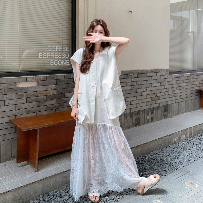 纯欲系坎肩式马甲蕾丝拼接鱼尾吊带裙2025夏季新款韩系氛围感套装