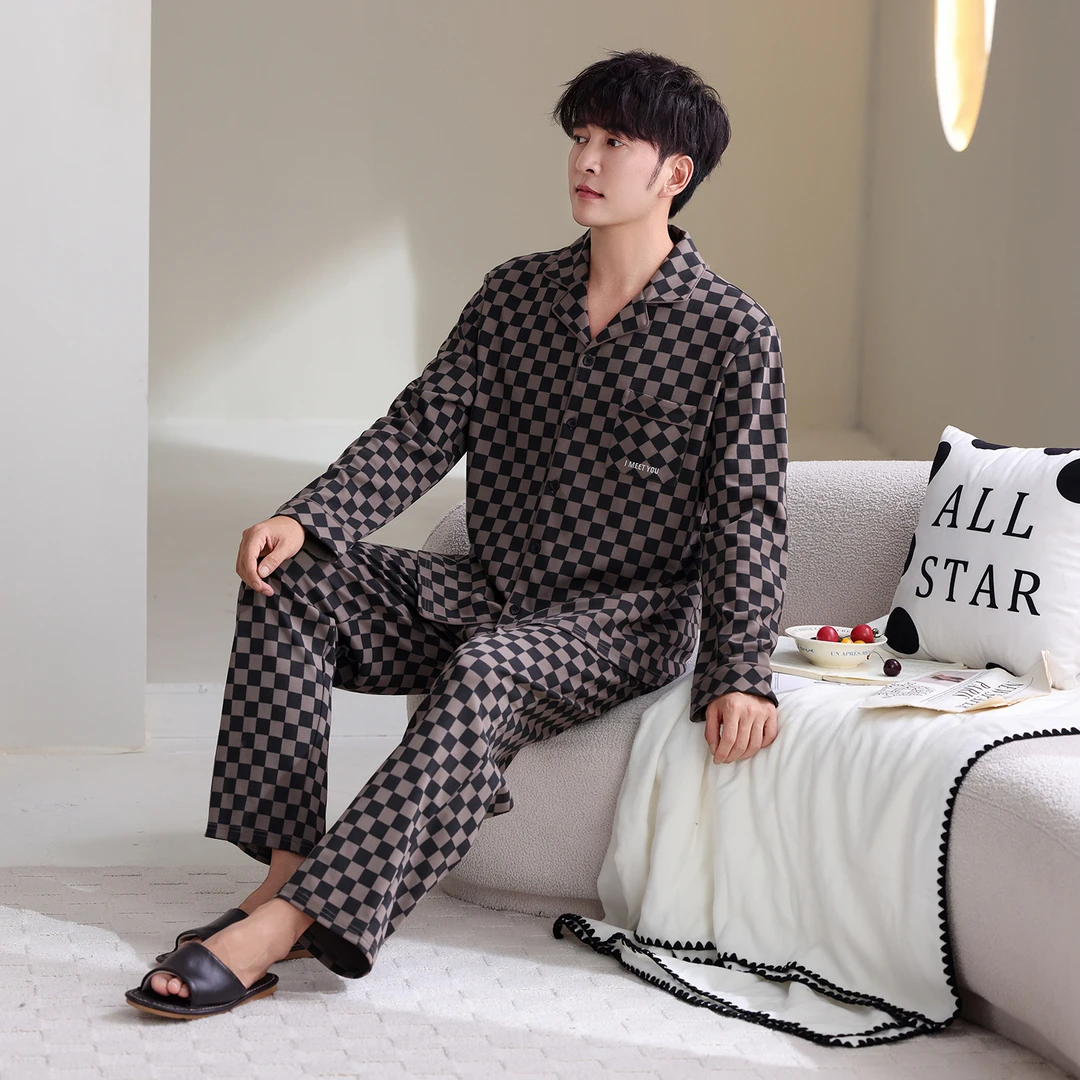 朵岑精梳丝光纯棉情侣高端格子秋冬套装薄款开衫睡衣家居服套装