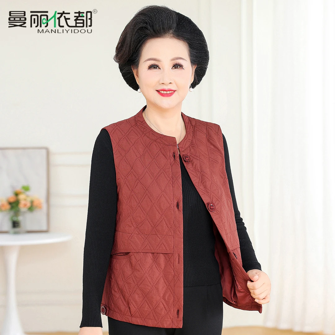 中老年马甲女秋装洋气格子外套短款妈妈装老人衣服无袖坎肩奶奶装