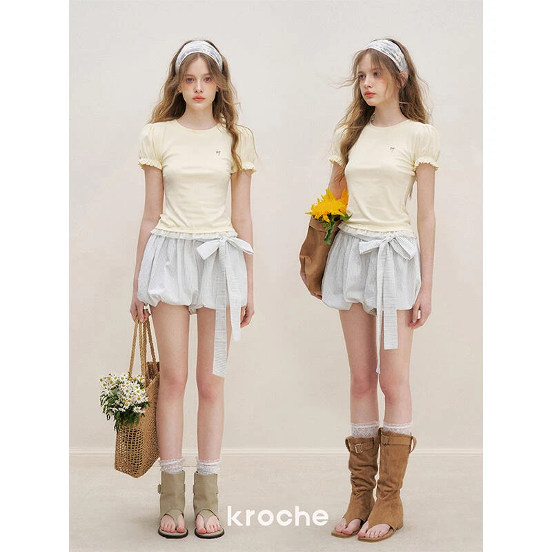 Kroche 25ss Blokette 蝴蝶结系带 松紧腰头黑白条纹花苞短裤