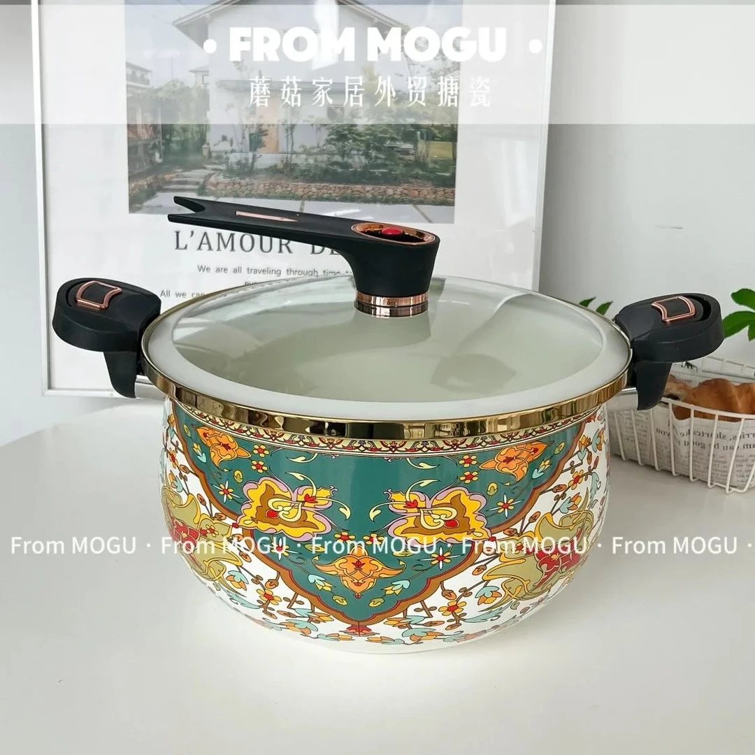[新疆包邮]新款珐琅搪瓷微压锅7L大容量平底加厚双耳搪瓷炖锅汤锅
