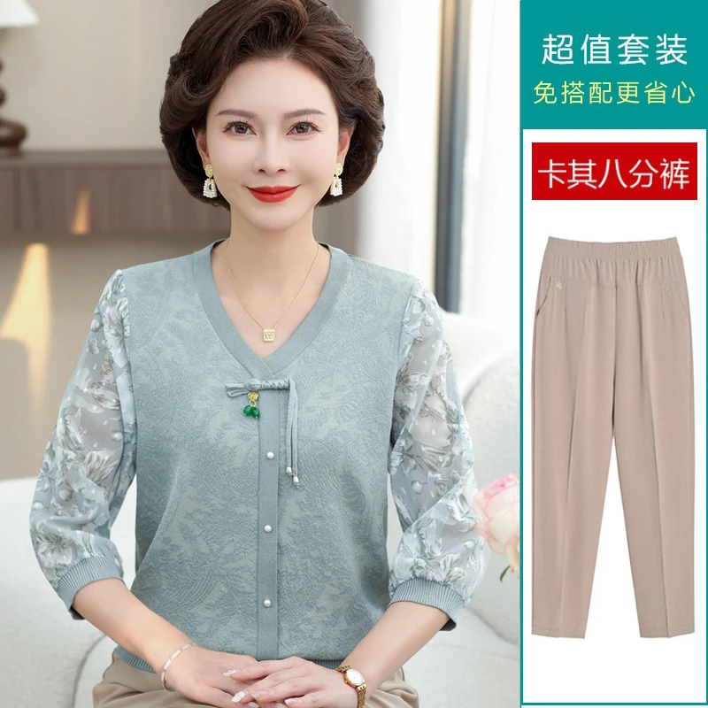 妈妈春装洋气打底小衫中老年女40岁减龄上衣七分纱袖T恤2025新款