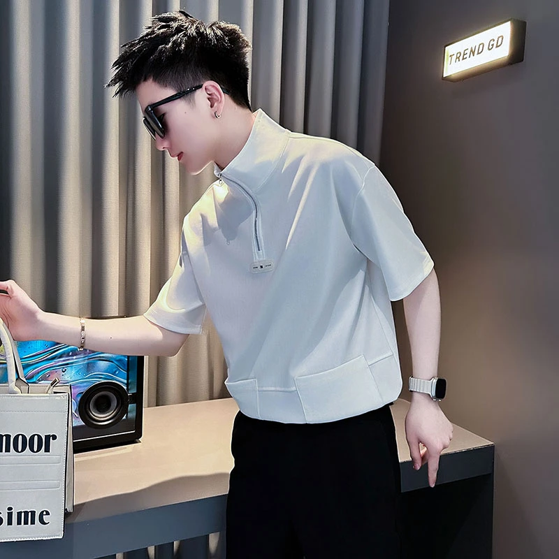 半拉链立领男士短袖t恤夏季2025新款男生衣服高级感男装痞帅半袖