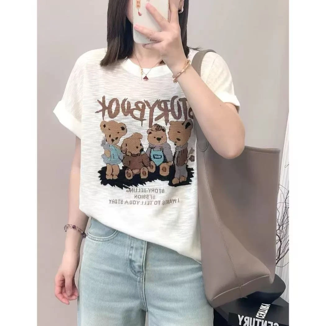 丽丽家~卡通小熊白短袖时尚休闲百搭夏季宽松印花圆领上衣300