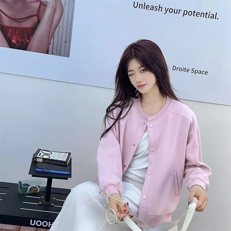 新款秋季纯色宽松短款外套开衫女设计感休闲夹克上衣潮韩版棒球服