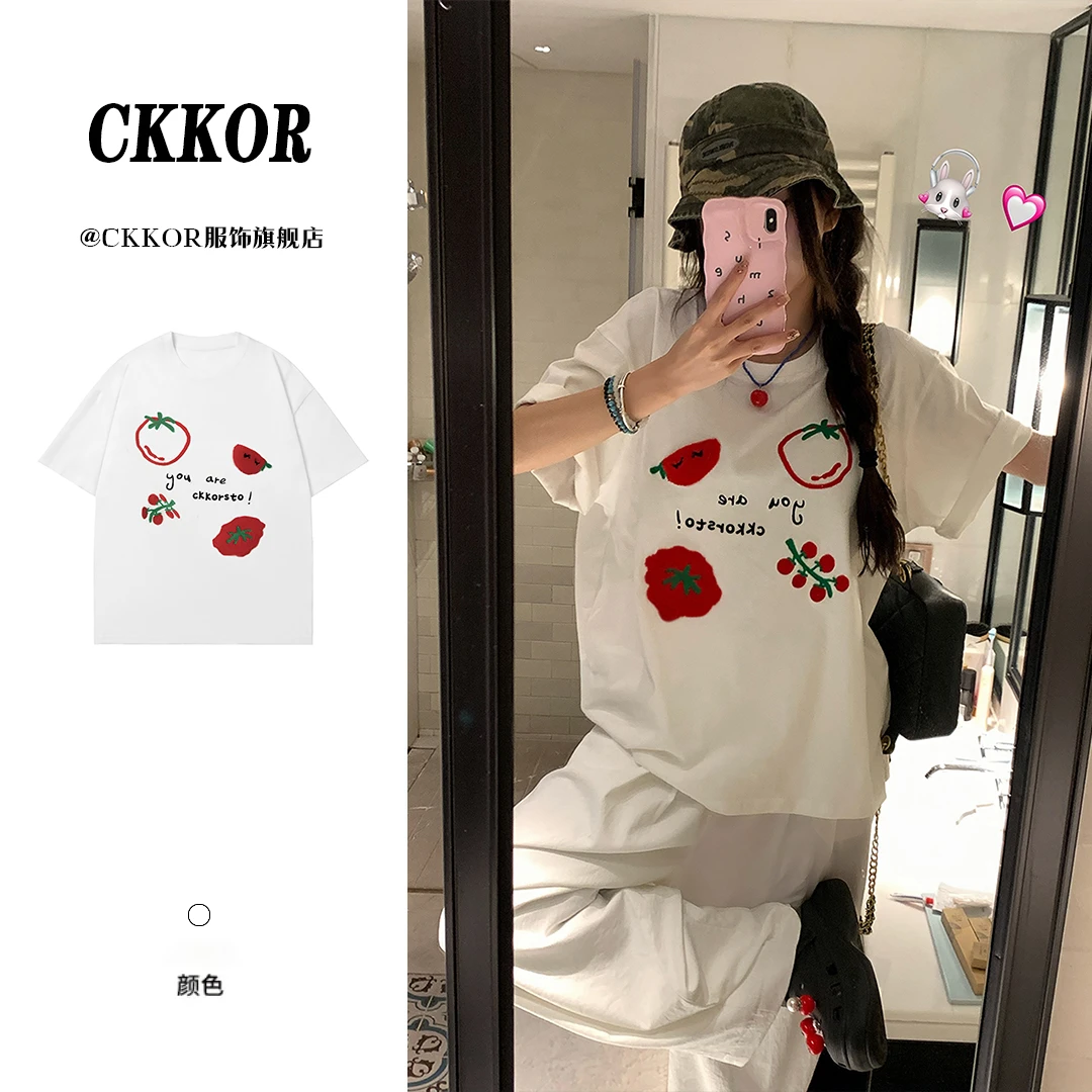 CKKOR夏季新款纯棉短袖女t恤宽松百搭显瘦韩版设计感小众圆领上衣