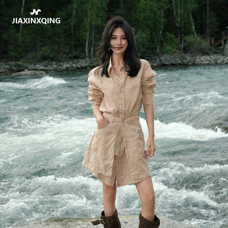 JIAXINXQING新款卡其色拼接屁帘时尚假两件亚麻连衣裙原创设计款