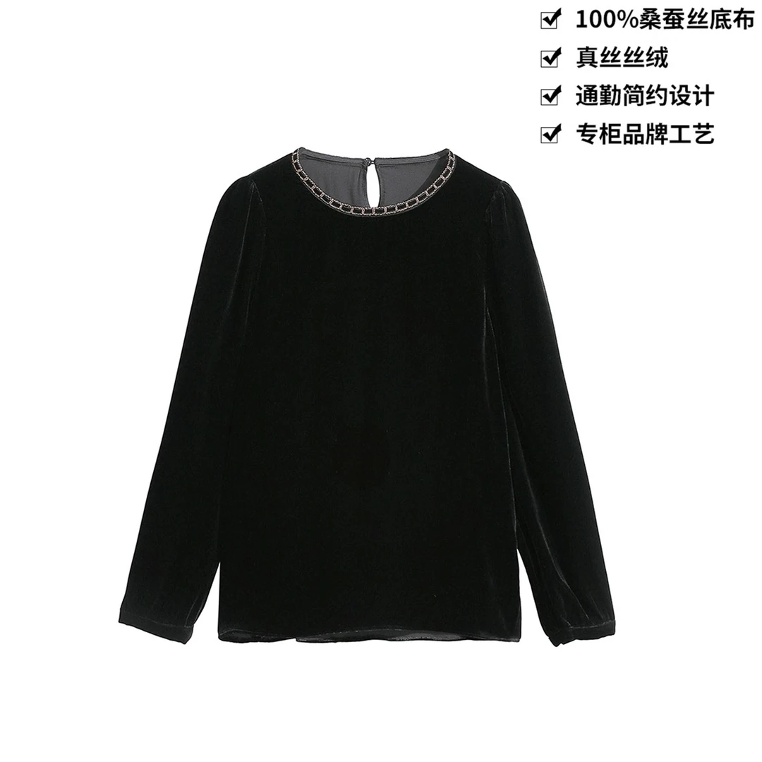 100桑蚕丝真丝丝绒链条装饰设计感真丝衬衣长袖CX287