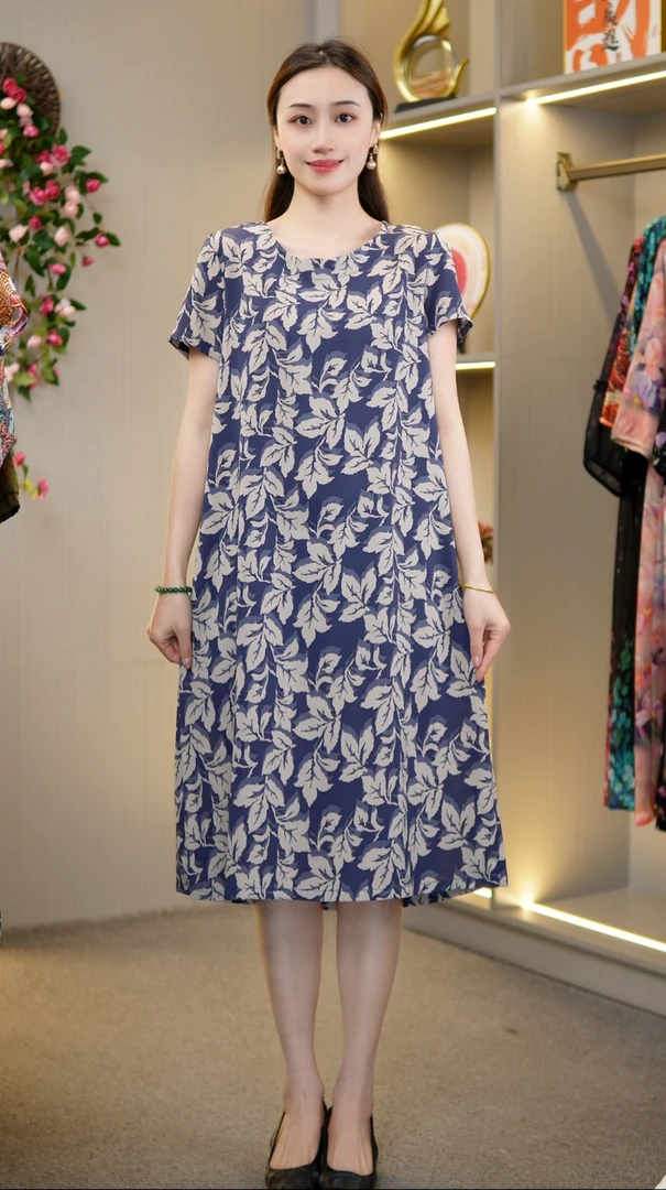 妈妈装时尚长裙印花洋气直筒裙A字群【银叶】YL