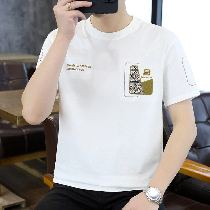 男士夏季贴补袖机车风圆领短袖t恤2025夏季潮流休闲百搭宽松上衣