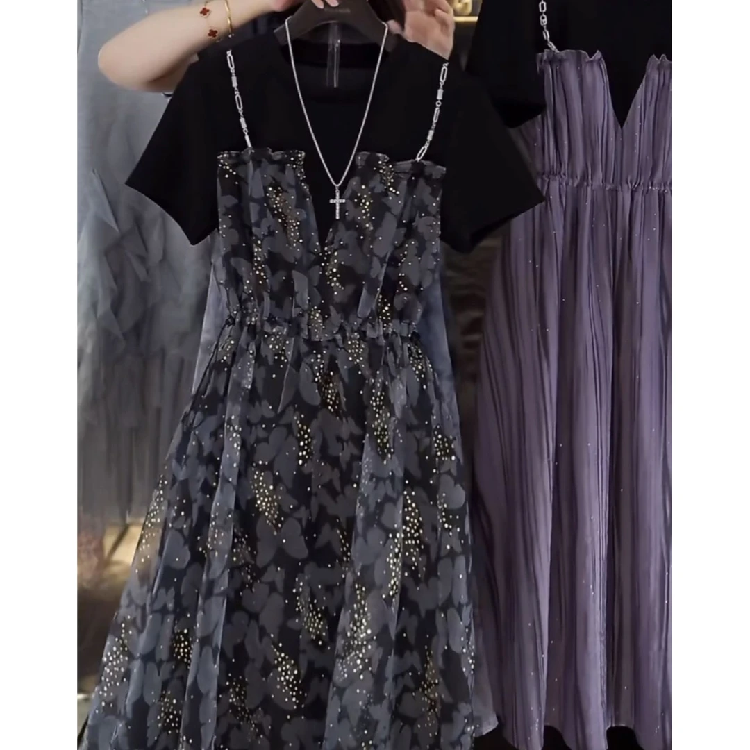 假两件拼接印花带细闪连衣裙女2025夏季新款高级感显瘦中长裙8964