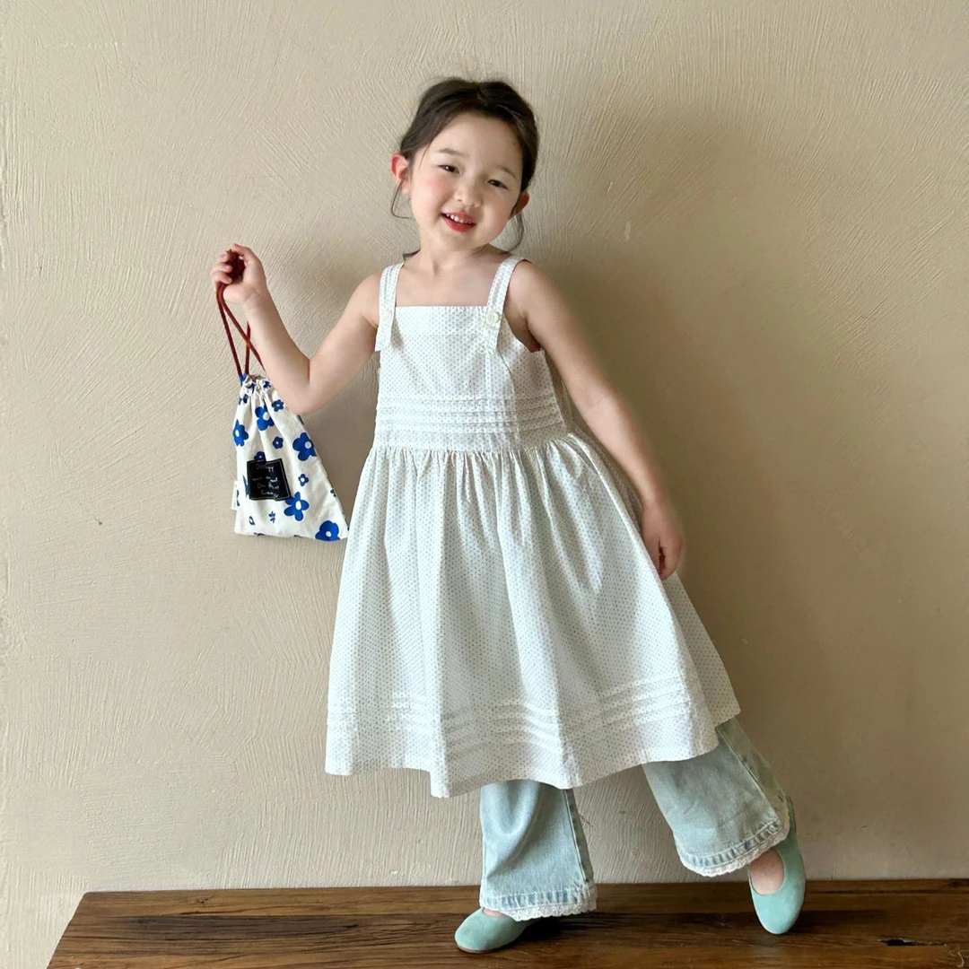 《小思家》女童2025夏季新款韩版休闲百搭点子吊带背心裙牛仔裤套装