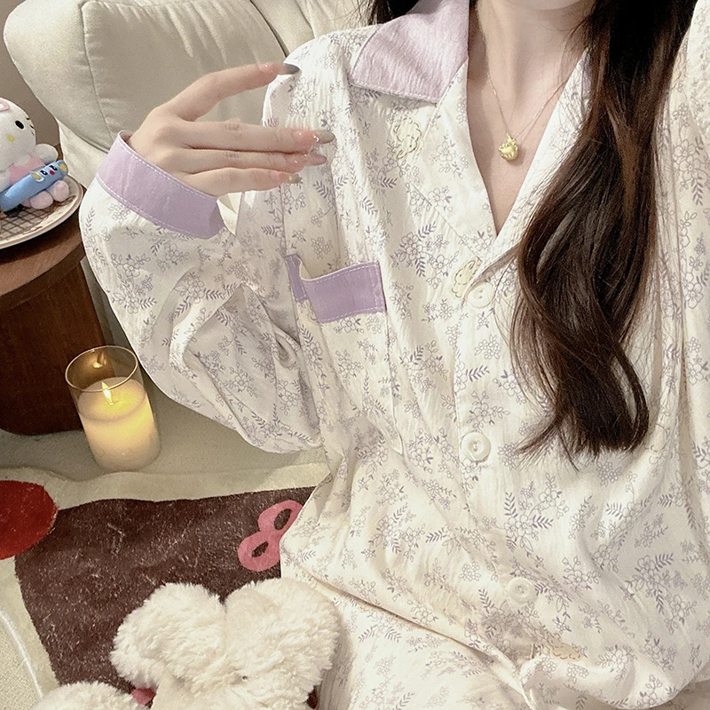 韩系ins紫色韵味睡衣女春秋季甜美卡通少女家居服两件套装家居服