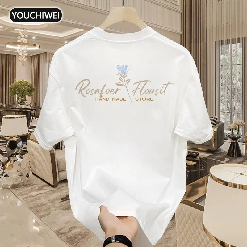 优驰威纯棉潮牌重磅短袖圆领T恤蓝玫瑰印花潮休闲ins百搭上衣t恤