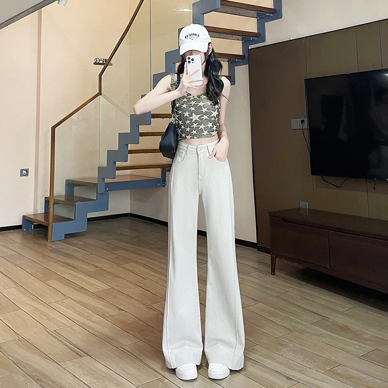 月光灰阔腿牛仔裤女显瘦白色高腰直筒时尚夏季开叉宽松小个子百搭