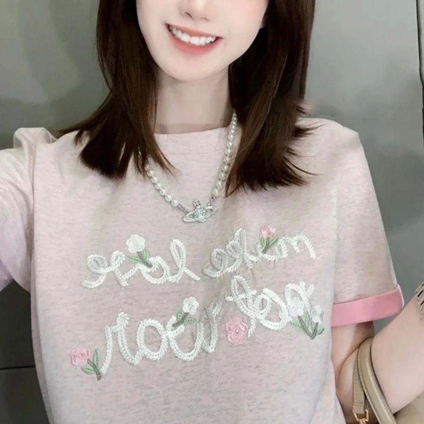 欧货休闲慵懒设计刺绣圆领短袖t恤夏季新款洋气衣服女25886