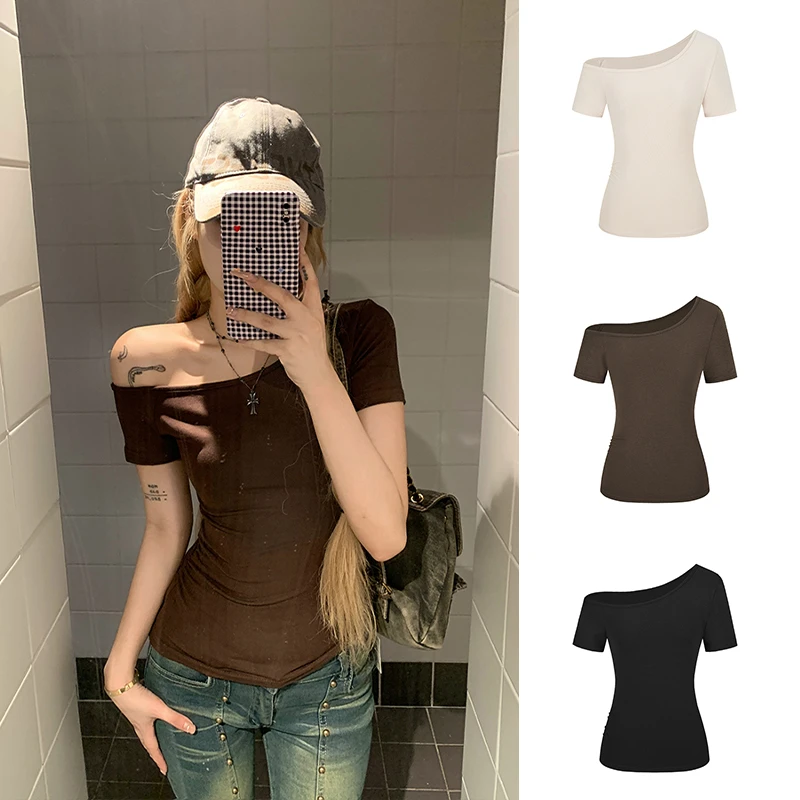 纯欲辣妹风斜肩露锁骨短袖t恤女夏季设计感修身显瘦气质百搭上衣
