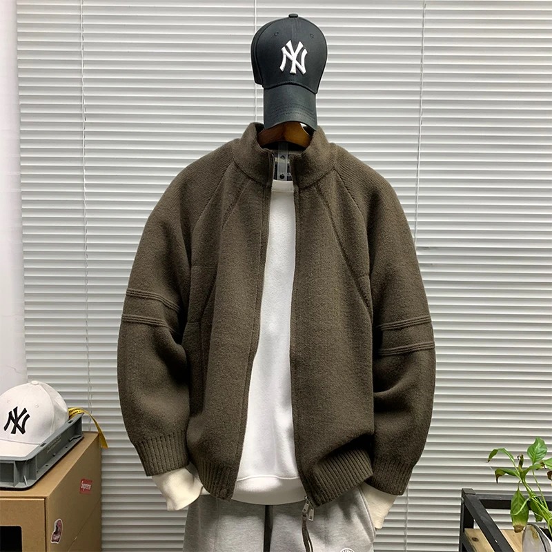 立领开衫针织衫外套男士秋冬新款重磅潮牌休闲宽松慵懒风保暖毛衣