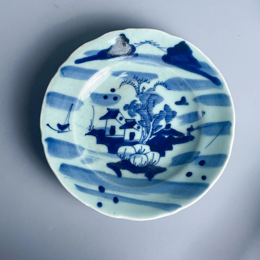 瓷器/古董清道光青花山水人物深腹盘M2XLY006958收藏/文物/绣花张