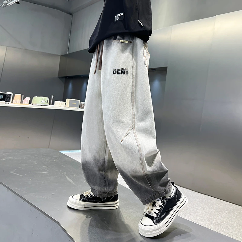 男童裤子春秋款2025新款大童痞帅炸街男孩春装儿童渐变阔腿牛仔裤