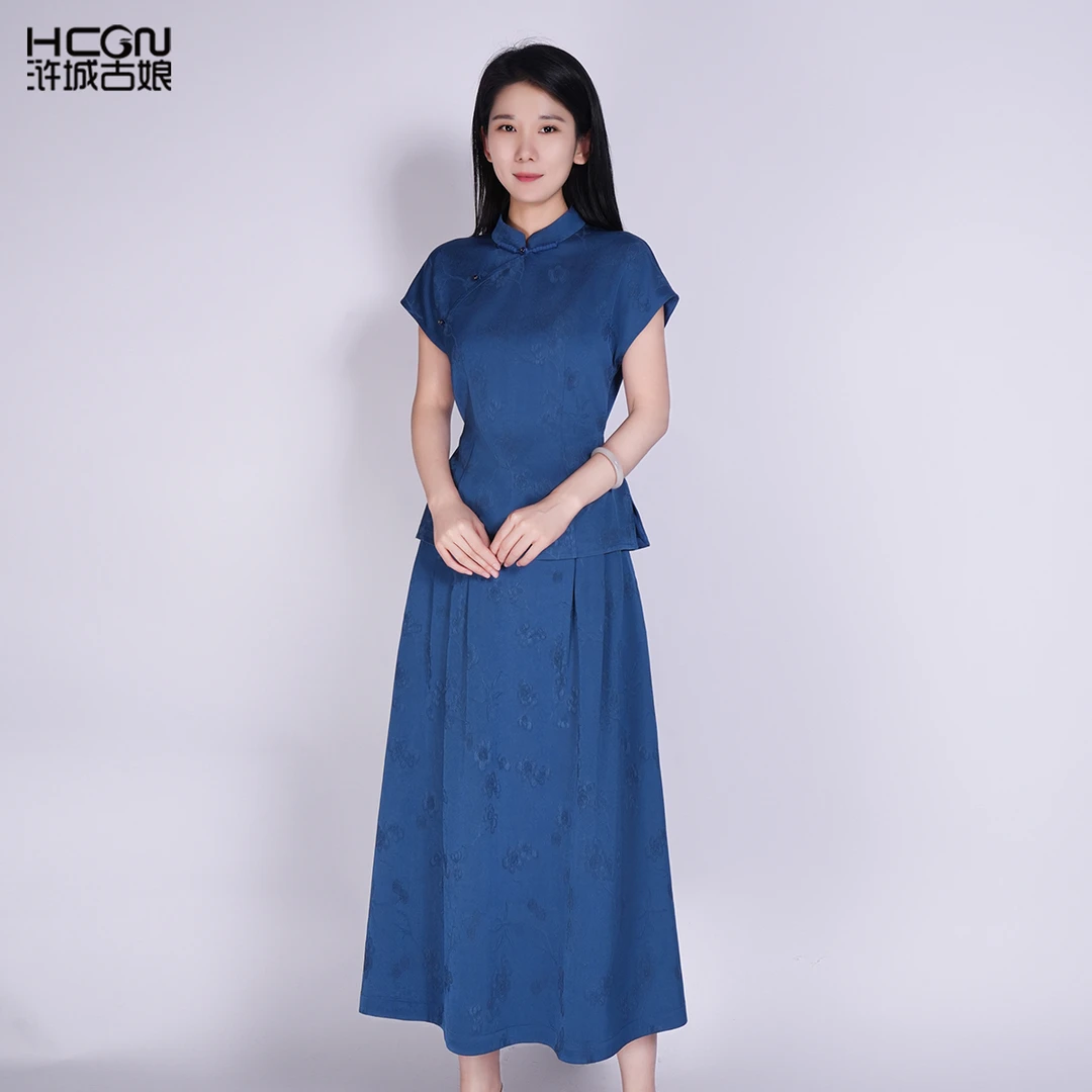 浒城古娘中式新款立领短袖气质女暗香套装HBSS050609+HBSS050610